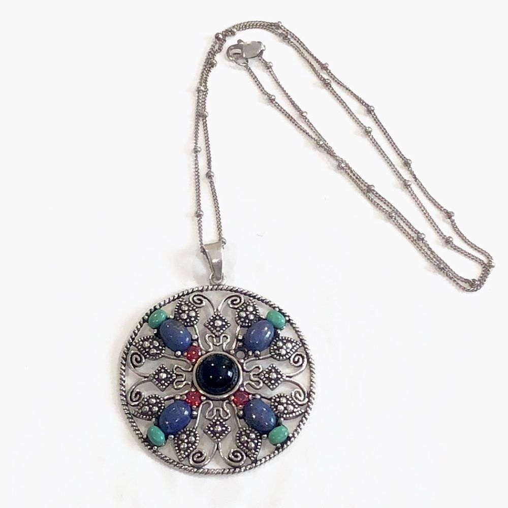 Vintage Sterling Silver Turquoise Garnet Onyx Lapis Pendant & Station Necklace
